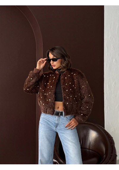 Verymoda Suni Kürk Bomber Ceket - İnci Detaylı Kahve