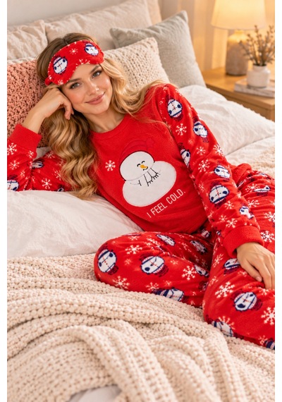 Free Beka Yılbaşı Desenli Kalın Sıcak Tutan Kumaş Kadın Pijama Takımı Ve Göz Bnadı Kırmızı Free Beka Yılbaşı Desenli Kalın Sıcak Tutan Kumaş Kadın Pijama Takımı Ve Göz Bnadı Kırmızı