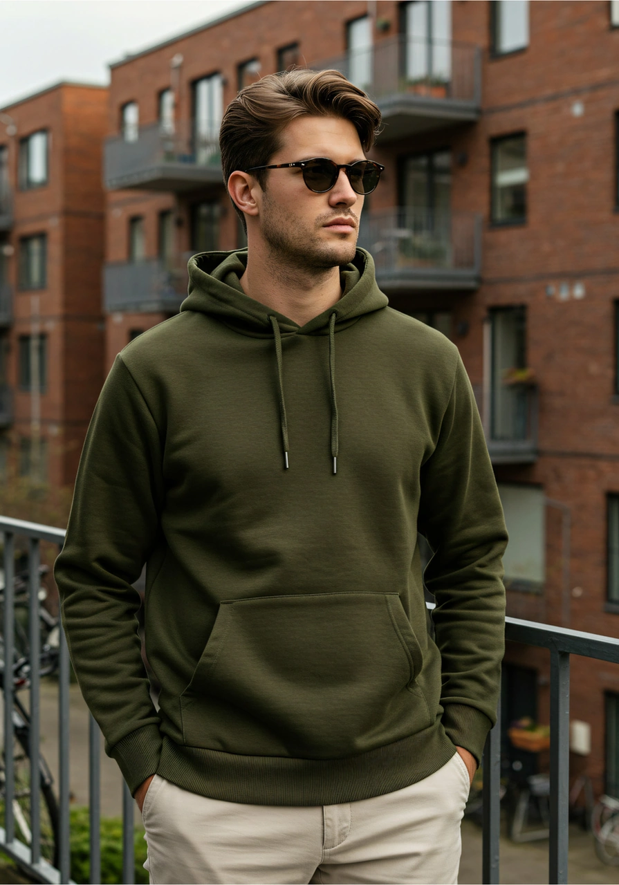 Erkek Oversize %100 Pamuk Yüksek Kalite Erkek Kapüşonlu Sweatshirt Haki