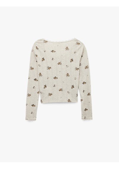 Koton Uzun Kollu Bisiklet Yaka Slim Desenli Pijama Üstü Bej Desenli 6slk40066mk