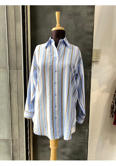 Pera Moda Oversize Çizgili Uzun Kadın Gömleği Mavi