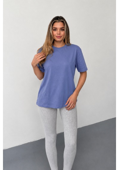 Stilera Kadın Oversize Basic Kısa Kollu Bisiklet Yaka Düz Tişört İndigo