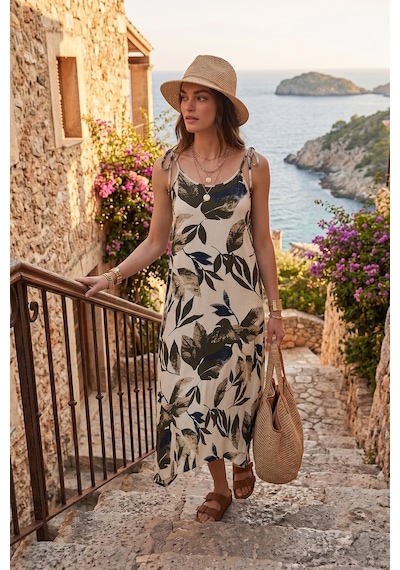 Lela Desenli Oversize Fit Bağlamalı Ip Askılı Yuvarlak Yaka Midi Boy Bayan Elbise 5869022 Yeşil