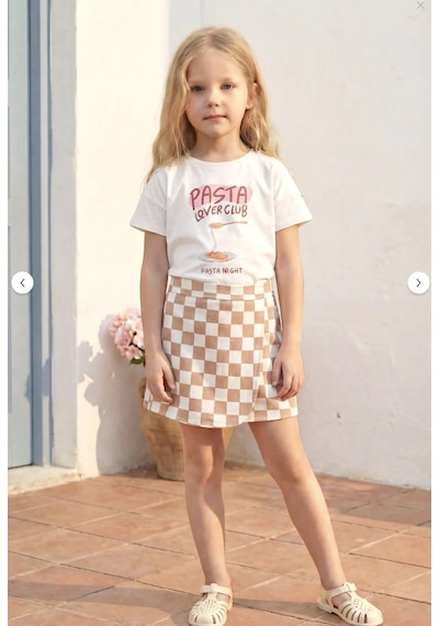 Magu Kız Çocuk Pamuklu Pasta Baskılı T-shirt Kareli Etek Takım Çok Renkli