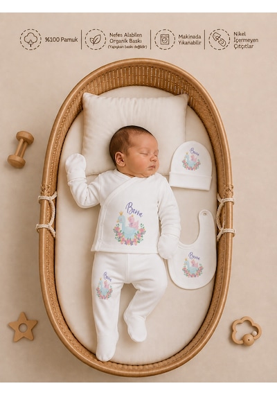Pia Baby Kız Bebek Yeni Doğan Tulum Seti 4 Lü %100 Pamuk İsimli Organik Baskılı Battaniyeli 2034bt3x Ekru