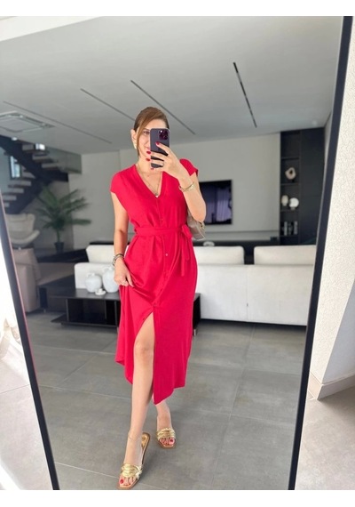 Defymoda Kadınn V Yaka Düğme Detay Kuşak Dahil Elbise Kırmızı