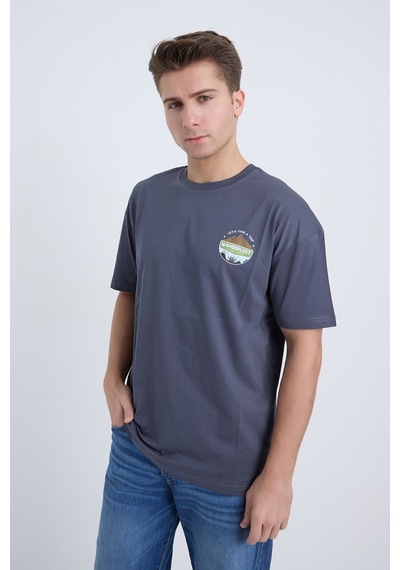Velvoria Unisex Oversize Relaxed Home Is Where Baskılı Antrasit Renk T-shirt