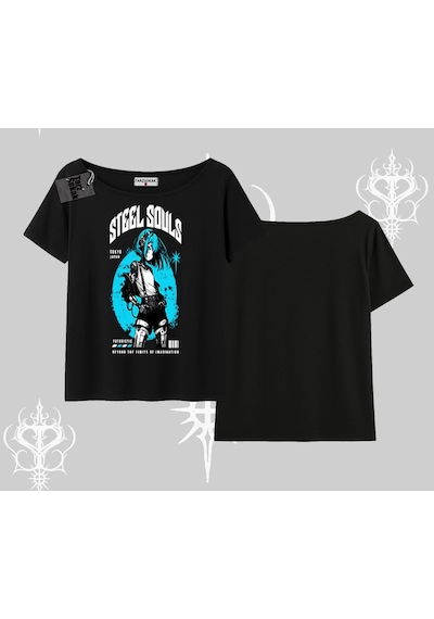 Startmore Kayık Yaka Tshirt Anime Cyberpunk Kız Baskılı Siyah