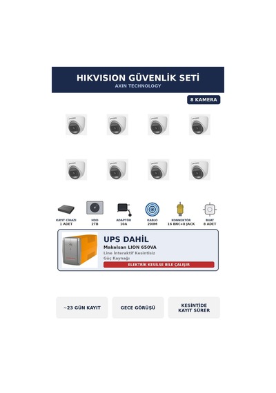 Hikvision 8 Kameralı 2mp Ups'li Güvenlik Kamera Seti Colorvu Gece Renkli 2tb Dome İç Mekan
