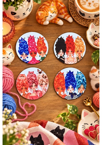 Kedi Saçlı Kadınlar, Kedi Temalı 4 Lü Bardak Altlığı Set 9 Cm, 3 Mm Ahşap Mdf, Dijital Baskı - 927133642 Diğer
