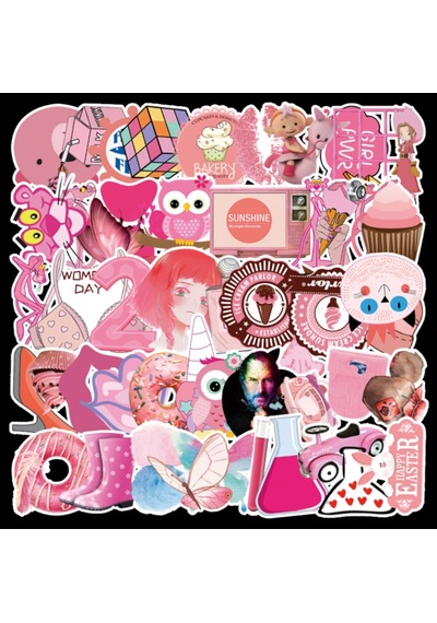 50 Adet Tekrarsız Pembe Karışık Kalite Pvc Sticker 08