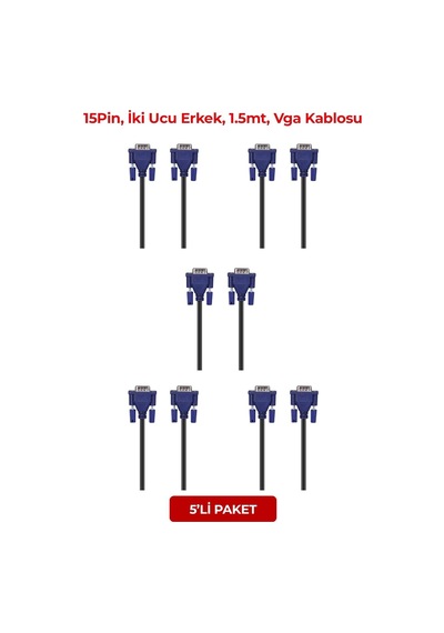 Hytech Hy-vga105, 15pin, İki Ucu Erkek, 1.5mt, Vga Kablosu 5li Paket