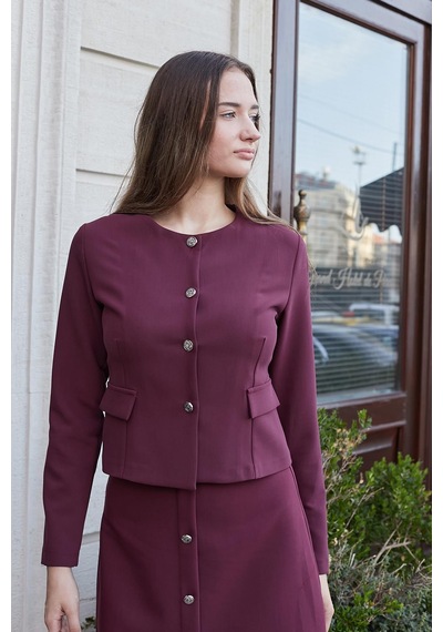 Kadın Hafif Esnek Kumaş Geniş Sıfır Yaka Cep Kapaklı Uzun Kol Dar Kesim Hafif Kısa Blazer Ceket-bordo Bordo Kadın Hafif Esnek Kumaş Geniş Sıfır Yaka Cep Kapaklı Uzun Kol Dar Kesim Hafif Kısa Blazer Ceket-bordo Bordo