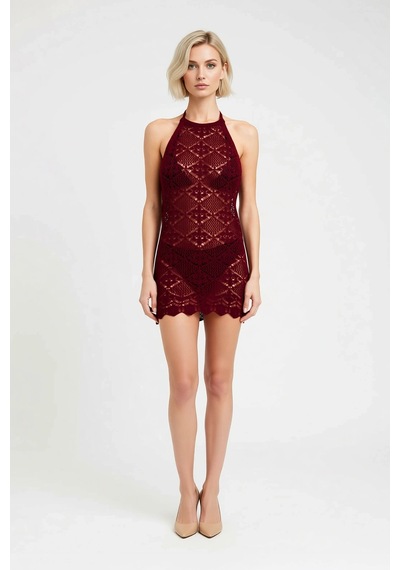 Benerly Kadın Halter Yaka Sırt Dekolteli Örme Mini Elbise Bodycon Kesim D Bordo