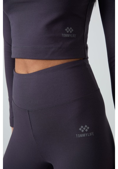 Tommylife Antrasit Yüksek Bel Uzun Kollu Slim Fit Crop Top Kadın Tayt Takım - 95286