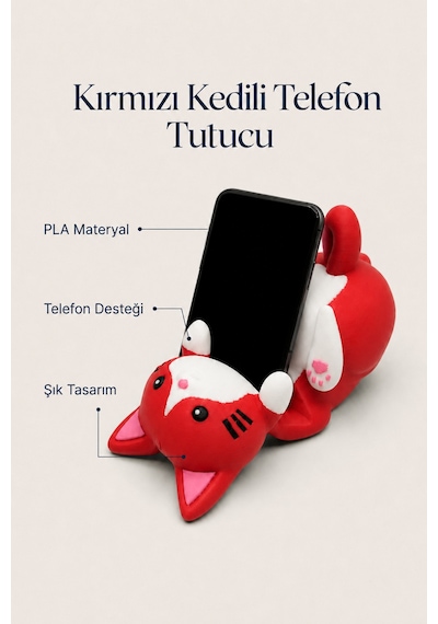 Kırmızı Kedi Figürlü Telefon Tutucu Stand - 3d Baskı Ofis Masaüstü Aksesuarı Ve Biblo