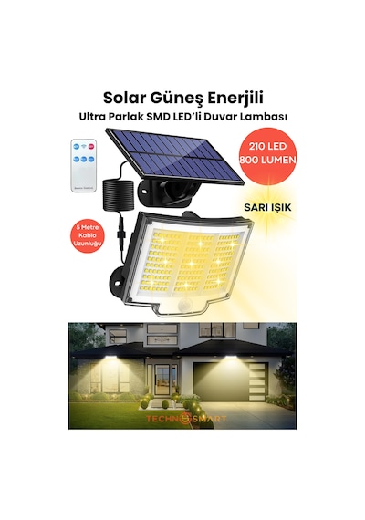 Technosmart Solar 220 Led 5m Kablolu, Ip65, Kumandalı, 3 Modlu, Güneş Enerjili Bahçe Aydınlatma Sarı