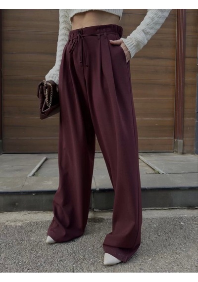 Saklımoda Bağcıklı Palazzo Bol Paça Pantolon - Bordo Bordo