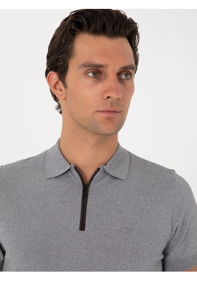 Gri Slim Fit Fermuarlı Polo Yaka Triko T-shirt