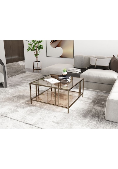 Dekoport Bakü Orta Sehpa Prinç Eskitme Rengi Bronz Cam 75 75 Çift Camlı Orta Sehpa Eskitme