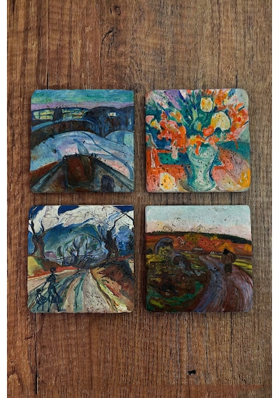 Doğal Taş Bardak Altlığı - Edvard Munch Eserleri Baskılı 10x10cm Stone Coasters Çok Renkli