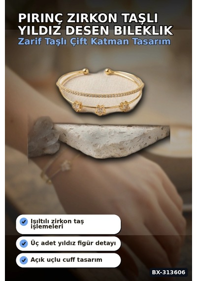 Bay Pirinç Zirkon Taşlı Yıldız Desen Gold Renk Bileklik - 1 Adet Bayan Takı Bx-313606 Najmaddin Standart