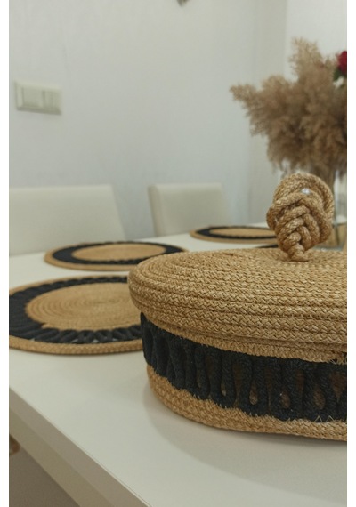 Kaan Home 6 Lı Supla 1 Runner 1 Kapaklı Örgü Ekmek Sepeti Seti Bej Krem Desenli Sunumluk Siyah