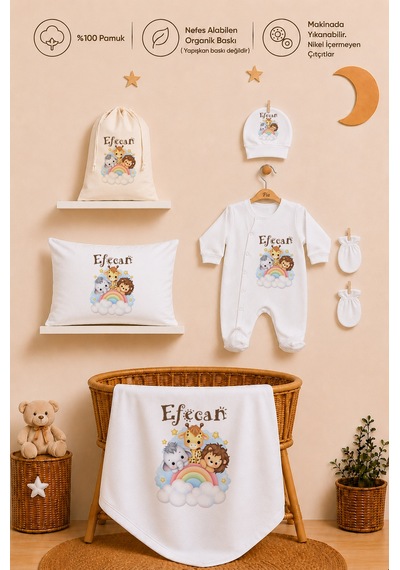 Pia Baby Erkek Bebek %100 Pamuk İsme Özel Hastane Çıkışı Hediye Seti Yastık Tulum Battaniye Ve Kese 1044tybkyx Krem