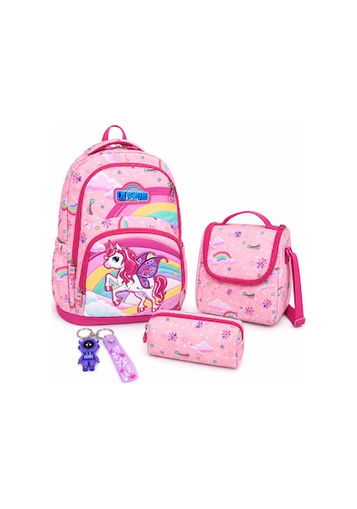 Denokids Unicorn Kız Çocuk İlkokul 4'lü Çanta Seti - Sırt Çantası Beslenme Çantası Kalem Kutusu Anahtarlık