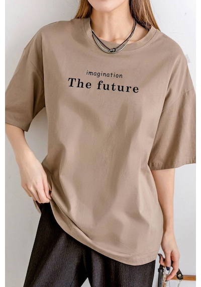 Uyguntarz Unisex The Future Baskılı Oversize T-shirt Bej