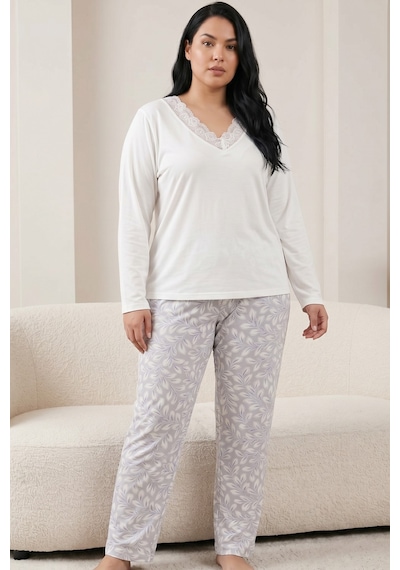 Siyah İnci Pamuklu Likralı Büyük Beden Battal Boy Örme Pijama Takım 26240931 Beyaz