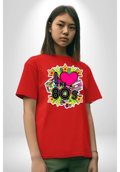 80leri Seviyorum Kaset Ve Özel Hediye Pamuklu Bisiklet Yaka Unisex Oversize Boyfriend Dijital Baskılı Kırmızı T-shirt Kırmızı
