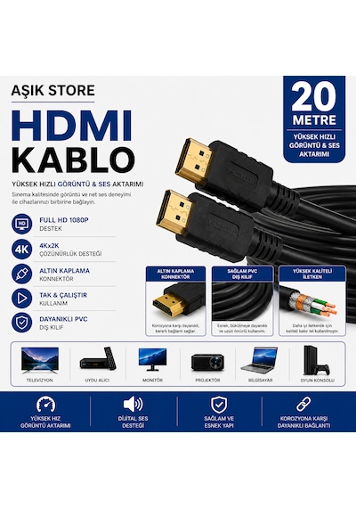 Hdmı Kablo 20 Metre Full Hd 1080p 4kx2k Yüksek Hızlı Görüntü Ve Ses Aktarım Kablosu Altın Kaplama Konnektör Pvc Dış Kılıf
