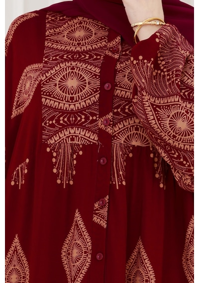 Sevitli Yarım Düğmeli Robalı Hira Elbise-bordo-4935