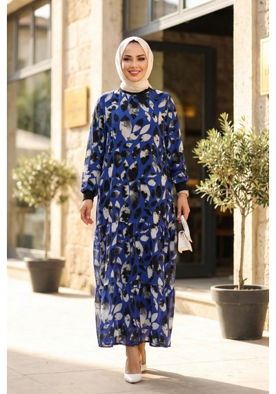 Hb Harma Time Butik Kadın İçi Şardonlu Mavi Yaprak Desenli Şifon Elbise