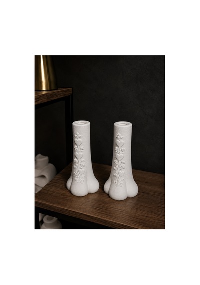 İkili Fil Ayağı Vazo Orta Boy 17cm Beyaz Beyaz