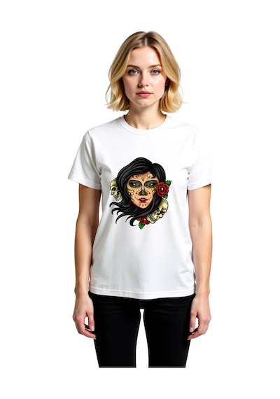 Paybuy Kadın Ölüler Günü Tema Baskılı Kısa Kollu Tişört %100 Pamuk Sanat Beyaz