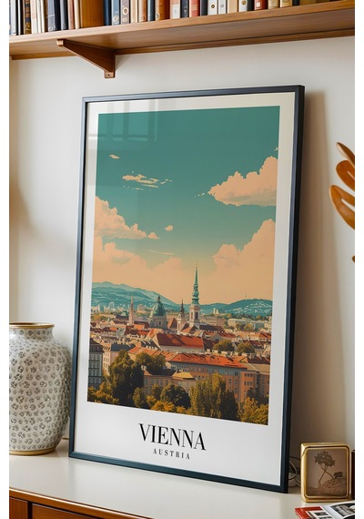 Vienna Austria Vintage Seyahat Posteri Çerçeveli Tablo - Premium Viyana Şehir Elit Duvar Dekoru Siyah