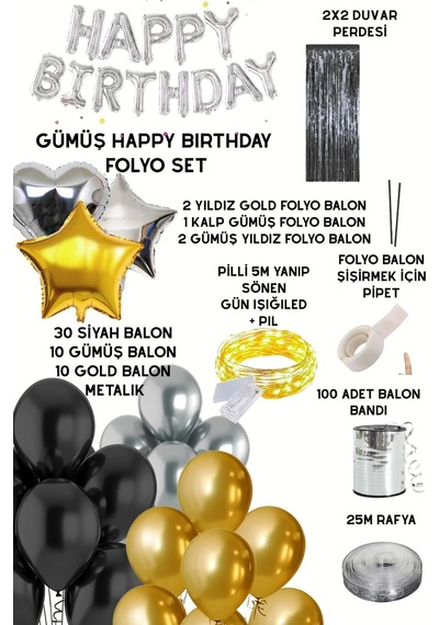 Gümüş Happy Birthday Folyo Balon Seti Siyah Gold Gümüş Doğum Günü Parti Seti Süsleri
