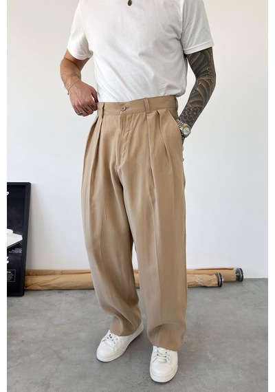 Bej Pileli Modal Kumaş Baggy Pantolon Bej