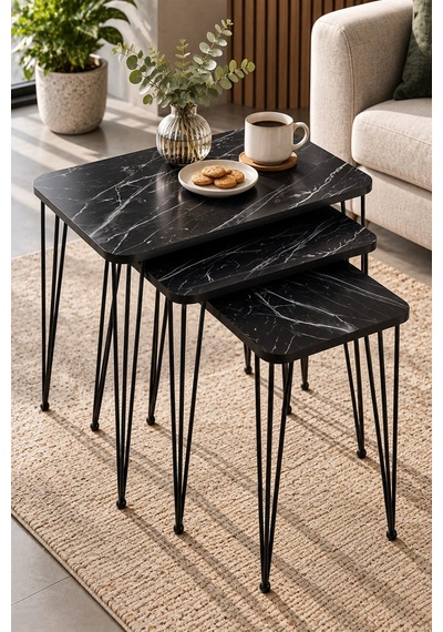 Sulorahome Siyah Mermer Desenli Metal Tel Ayaklı 3'lü Zigon Sehpa Takımı