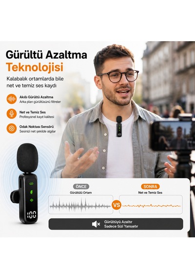 Kablosuz Yaka Mikrofonu Type-c + Lightning Uyumlu İphone & Android Tak Çalıştır Gürültü Azaltma Airmic Ry-wm01