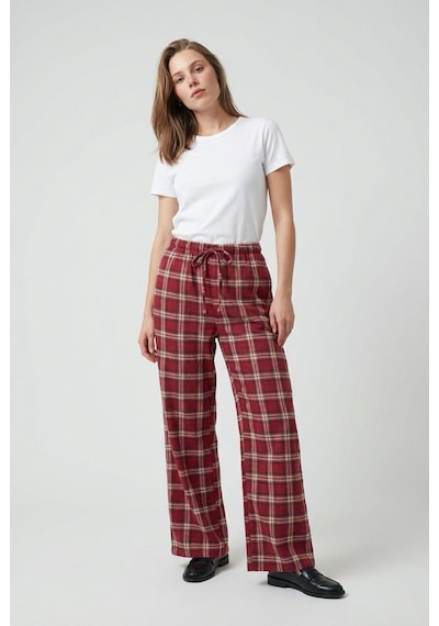 Madmext Bordo Lastikli Bel Geniş Paça Ekose Pantolon Mg2658 Bordo
