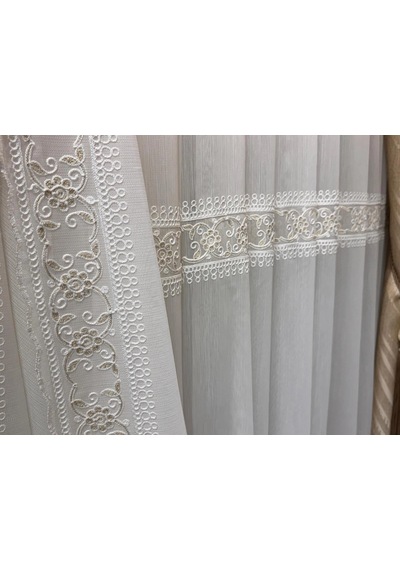 Nivemeshome Verona Gold Çiçekli 1/3 Pileli Tül Perde Ekru