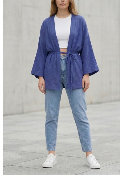 Kadın Mor Kimono Ceket Oversize Bağlamalı Salaş Yazlık Kimono Hırka