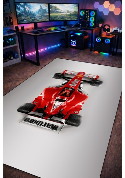 Formula 1 Kırmızı Yarış Arabası Halı Kaymaz Taban Yıkanabilir Spor Temalı Halı F1.4