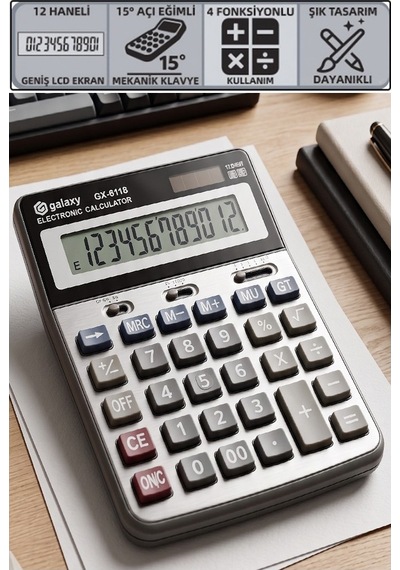 Hesap Makinesi Siyah 14x19 Cm 1 Adet Galaxy Gx-6118 12 Haneli Orta Boy Okul Ofis Büro Masaüstü Hesap Makinası