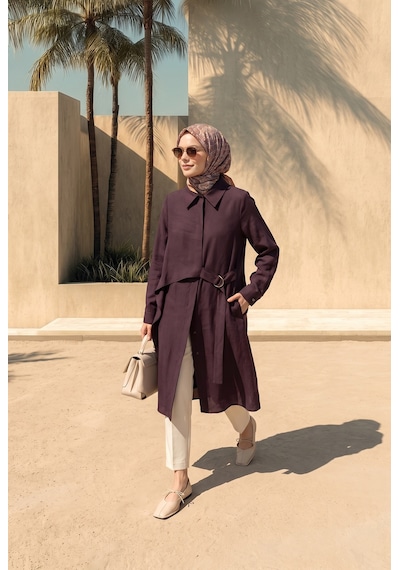 Armine Trend Doğal Kumaş Kemer Detaylı Gömlek Yaka Uzun Tunik Vişne 26yt469