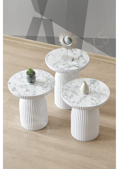 Diamond 3'lü Sehpa, Yan Sehpa, Zigon Sehpa - Beyaz & Beyaz Mermer Desenli Tabla Beyaz & Beyaz Mermer Desenli