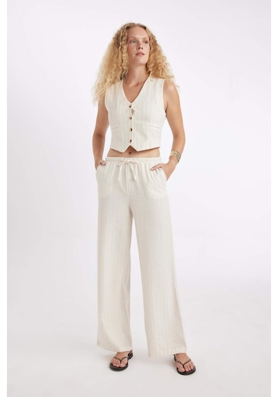 DeFacto Regular Fit V Yaka Keten Karışımlı Blazer Yelek D3474AX25SPER42 Ekru